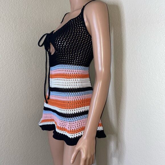 Colorblock Cut Out Lace Up Back Cover Up Dress crochet knit chest cut out SZ SM - Picture 8 of 11